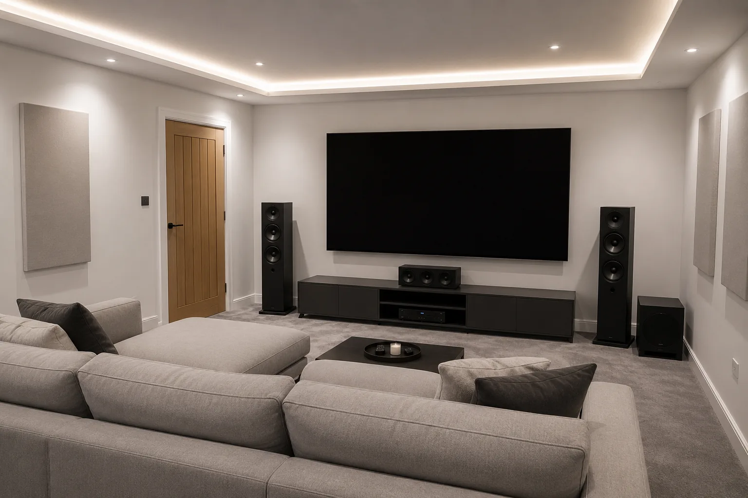 Dedicated home cinema room with large screen and surround speakers