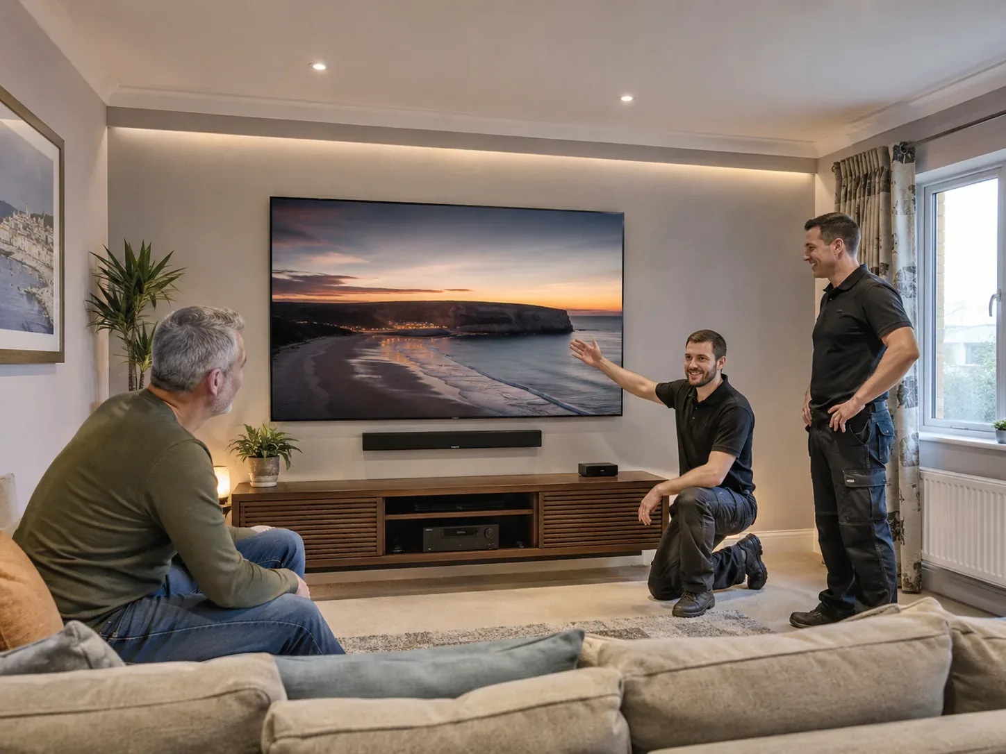 Professional TV installers discussing a completed screen installation