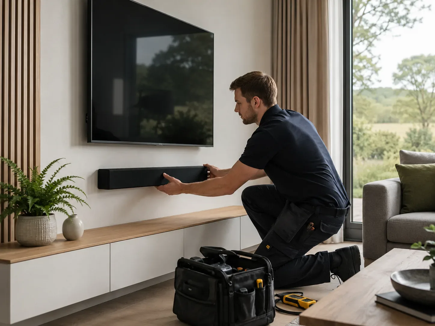 Installer fitting a soundbar beneath a wall-mounted television
