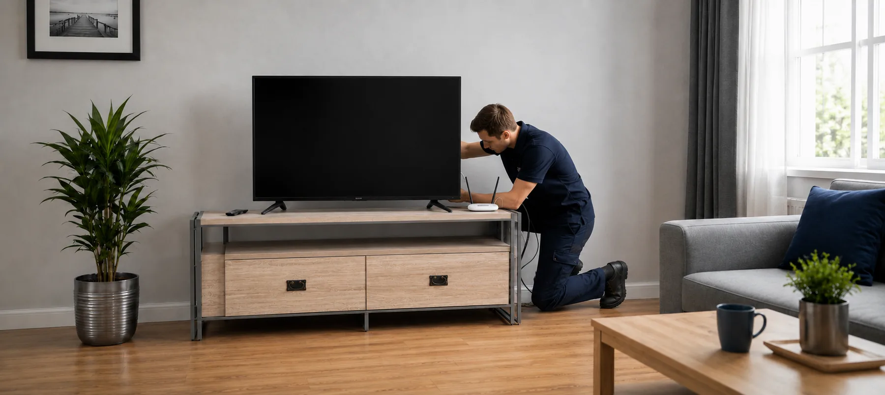 Installer setting up a television on a media unit in a living room